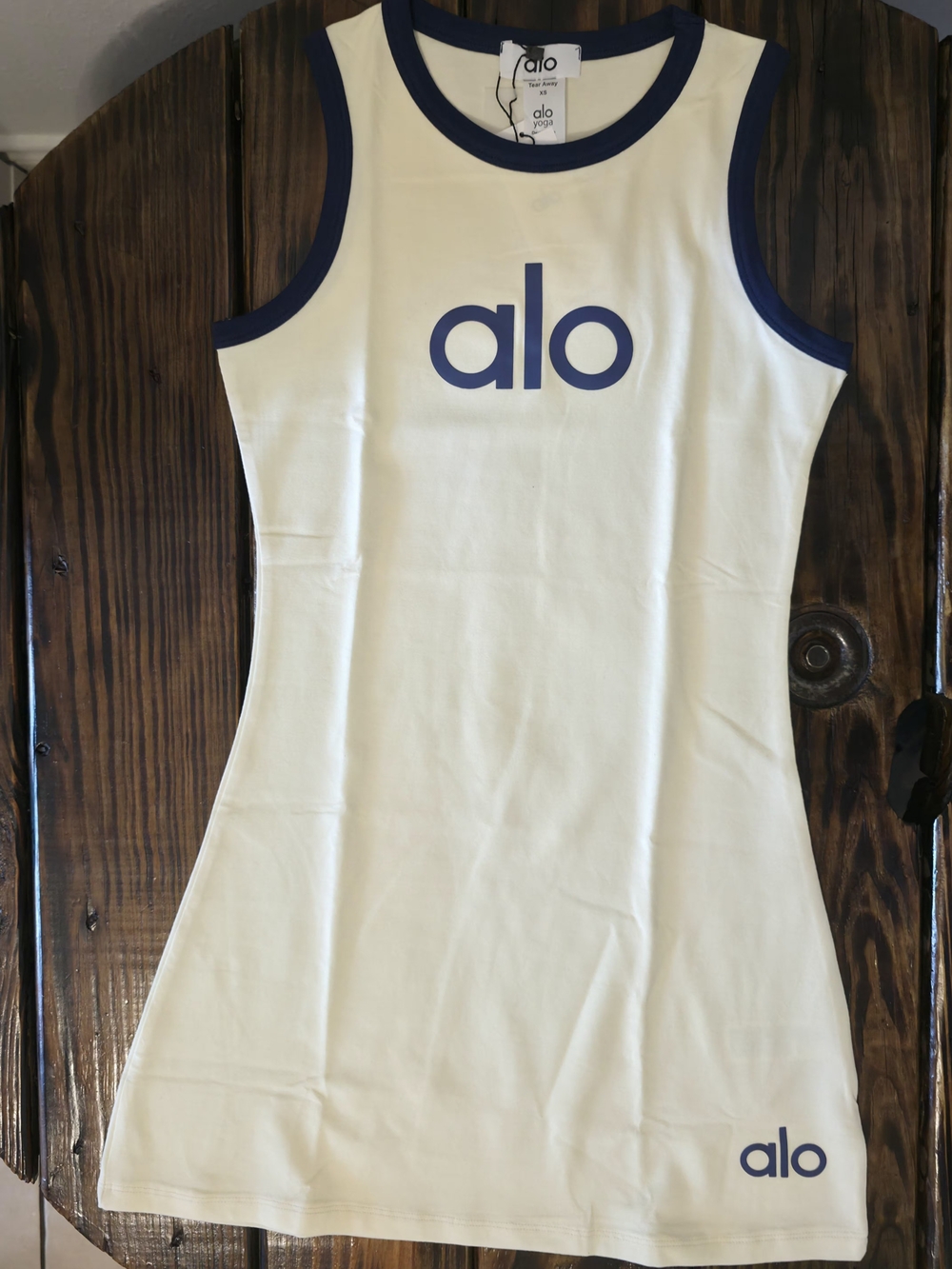 ALO Yoga Cream Mini Dress with Navy Trim and Logo